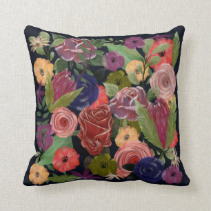 Rose bouquet garden flowers deep blue cushion