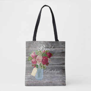 Rose Bouquet Mason Jar Personalised Bride Country Tote Bag