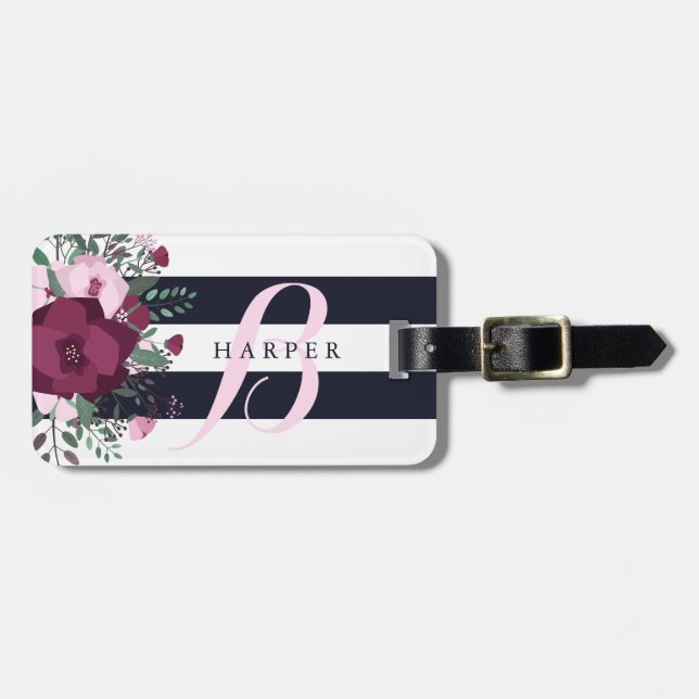 Rose Bouquet & Navy Stripes Custom Name Luggage Tag (Front Horizontal)