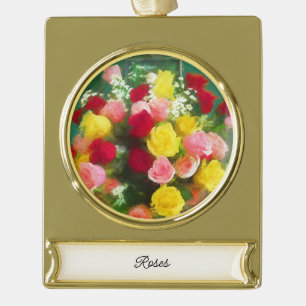 Rose Bouquet Painting - Cute Original Flower Art Gold Plated Banner Ornament