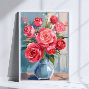 Rose Bouquet Red Flower Vase Watercolor Floral Poster
