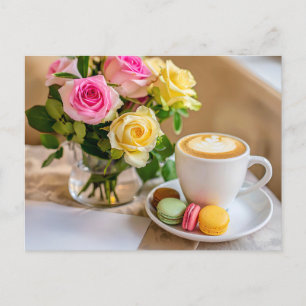 Rose bouquet with coffee and macaron holiday postcard