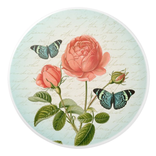 Rose & butterfly vintage floral ceramic knob (Front)