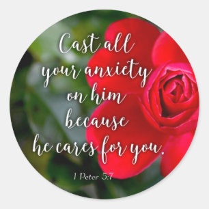 Rose Cast all your Anxiety Christian Bible Verse Classic Round Sticker