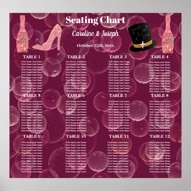 Rose Champagne Bubbly for 12 Seats Seating Chart (Front)