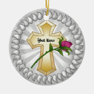 Rose Christian Cross Ceramic Ornament