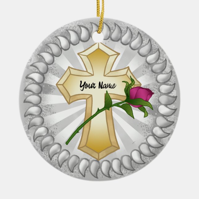 Rose Christian Cross Ceramic Ornament (Front)