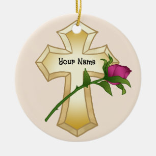 Rose Christian Cross Ceramic Ornament