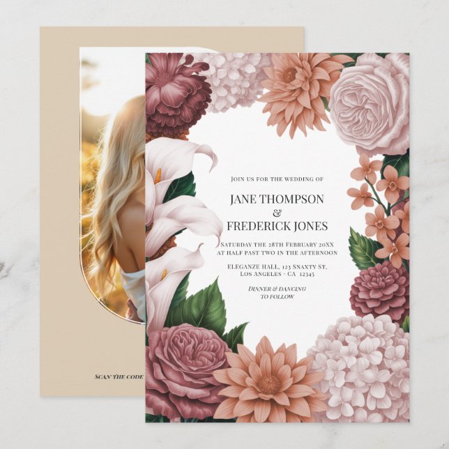 Rosé Clay, Terra Pink & Peony Smoke Floral Wedding Invitation (Front/Back)