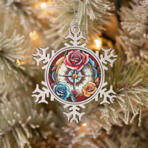 "Rose Compass Dreams" Snowflake Pewter Christmas Ornament