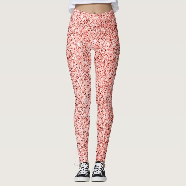 Rose coral light glitter faux sparkles leggings (Front)
