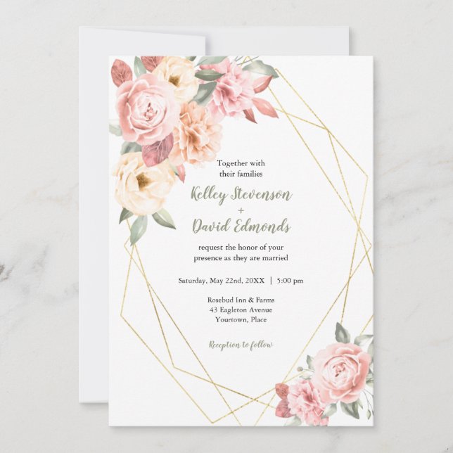 Rose Corner Geometric Frame Wedding Invitation (Front)