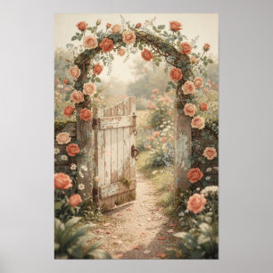 Rose-Covered Cottage Garden Gate Floral Poster
