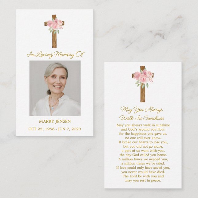 Rose Cross Memorial Photo Funeral Prayer Card (Front/Back)