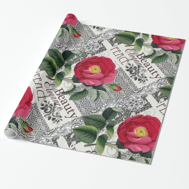 Rose Damask Pretty Floral Antique Wrapping Paper (Unrolled)