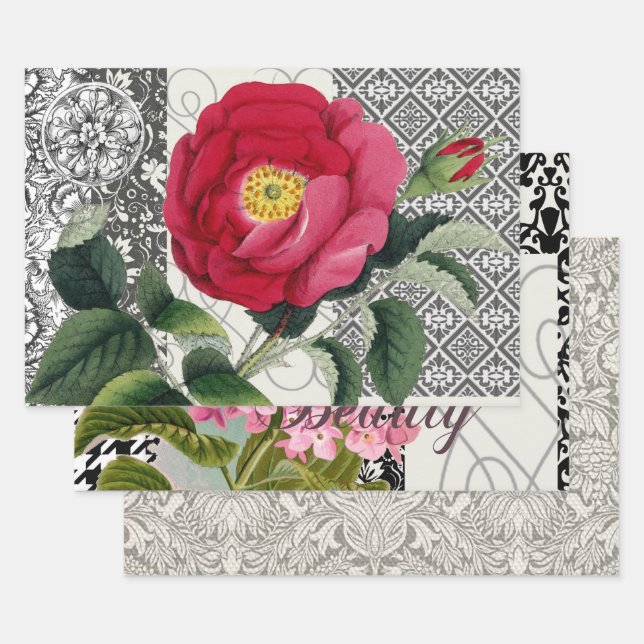 Rose Damask Pretty Floral Antique Wrapping Paper Sheet (Set)