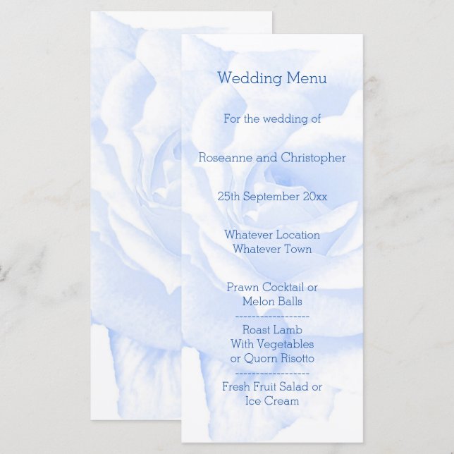 Rose Design Blue Coloured Wedding Menu (Front/Back)