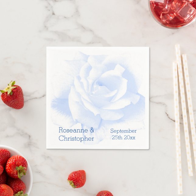 Rose Design Blue Coloured Wedding Napkin (Insitu)