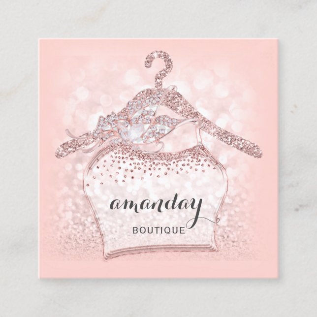 Rose Diamond Cloth Hanger Pink  Boutique Square Square Business Card (Front)