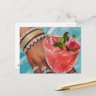 Rose Drink and Hand With Many Jewels Collage Postcard