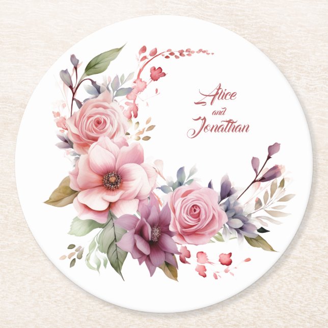 Rose Elegance: Personalized Wedding Round Coasters (Front)