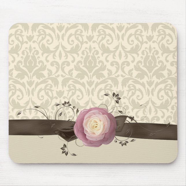 Rose Elegant Damask Ribbon Style Mousepad (Front)