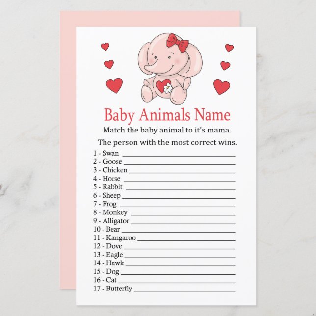 Rose elephant Baby Animals Name Game (Front/Back)