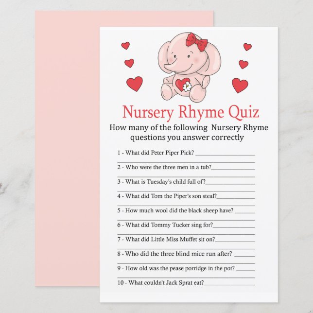 Rose elephant Nursery Rhyme Quiz baby shower game (Front/Back)