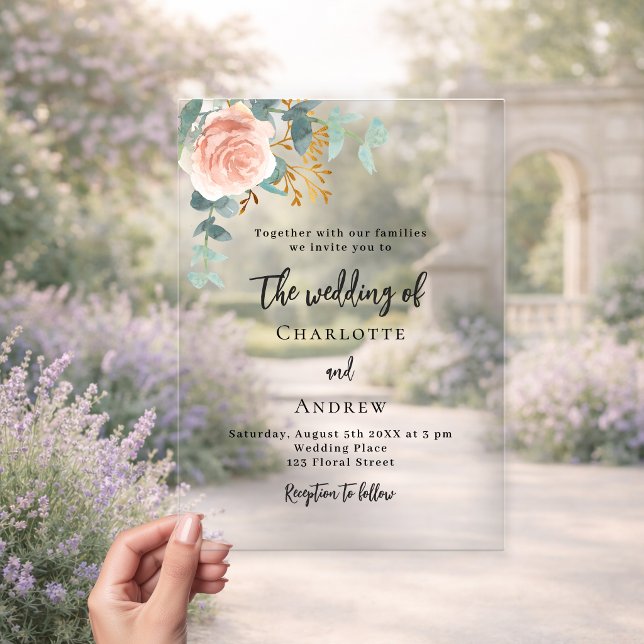 Rose eucalyptus blush wedding clear acrylic invitations (Creator Uploaded)