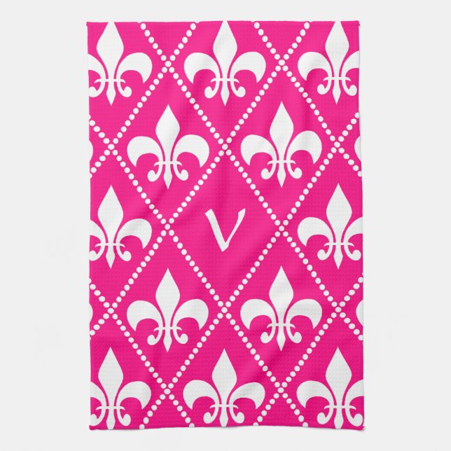 Rose Fleur de Lis with monogram initial Tea Towel (Vertical)