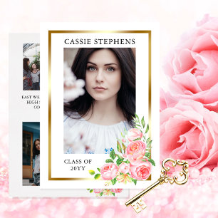 Rose Floral 4 Photo Collage Gold Frame Graduation Announcement