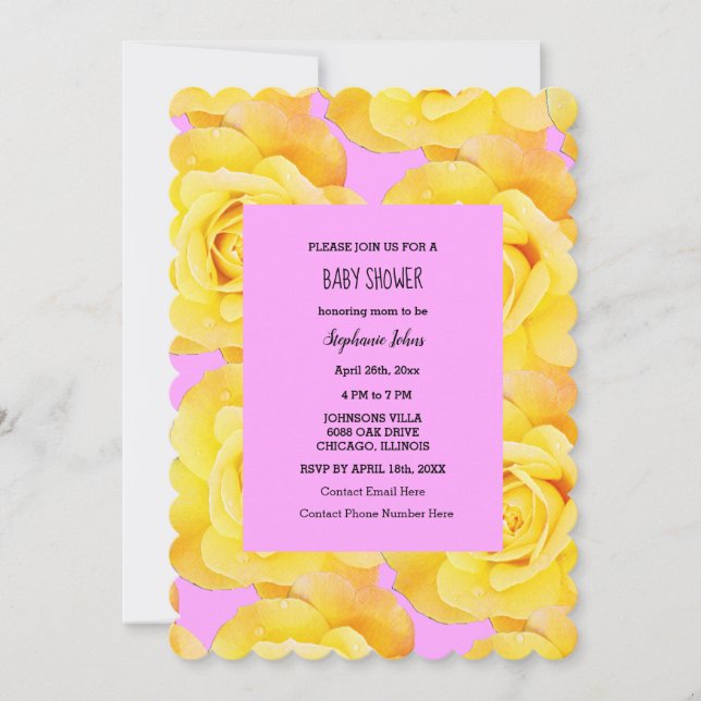 Rose Floral Baby Shower Baby Girl Gold Yellow Pink Invitation (Front)