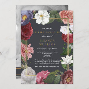 Rose Floral Black And White Photo Funeral Invitation