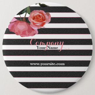 Rose Floral Black & White Stripes - Button