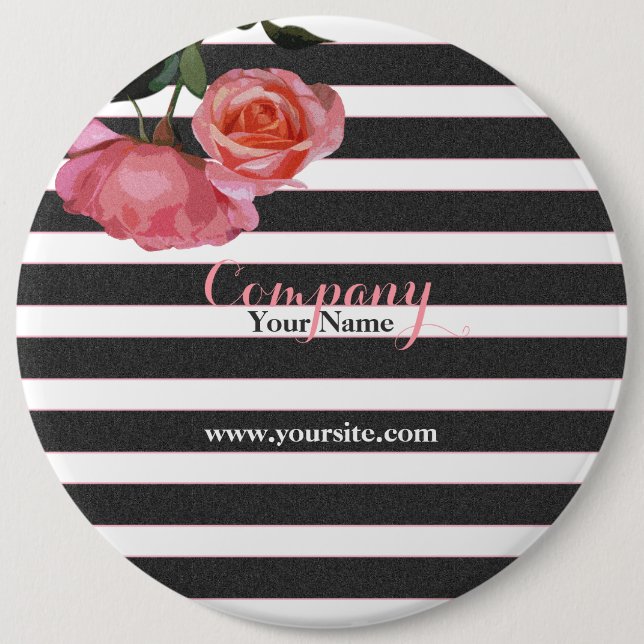 Rose Floral Black & White Stripes - Button (Front)