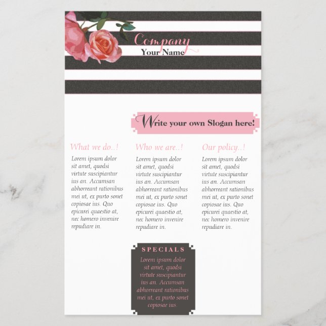 Rose Floral Black & White Stripes - Flyer (Front)