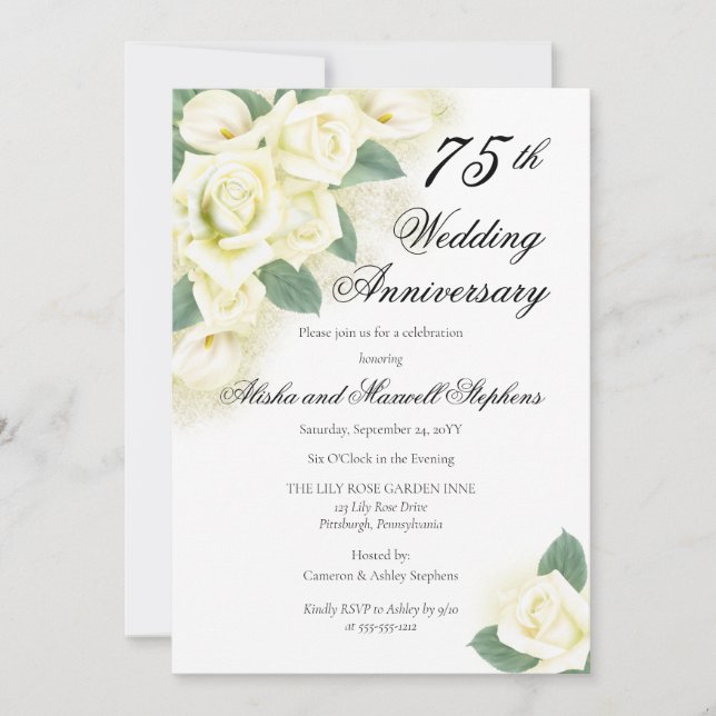 Rose Floral Bouquet 75th Wedding Anniversary Party Invitation (Front)