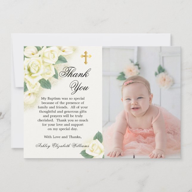 Rose Floral Bouquet Baptism Photo Thank You Card (Front)