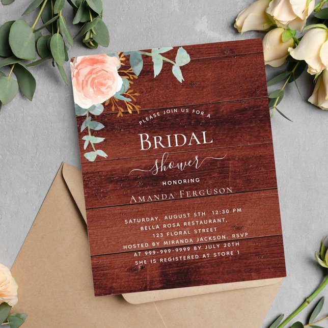 Rose floral brown wood Bridal Shower invitation (Creator Uploaded)