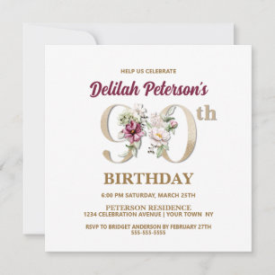Rose Floral D 90th Birthday Party Invitation