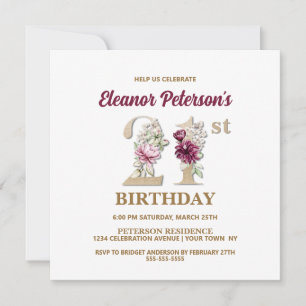 Rose Floral E 21st Birthday Party Invitation