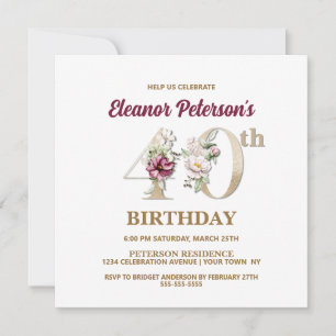 Rose Floral E 40th Birthday Party Invitation