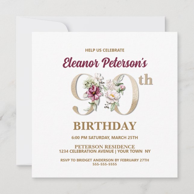 Rose Floral E 90th Birthday Party Invitation (Front)