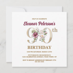 Rose Floral E 90th Birthday Party Invitation
