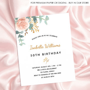 Rose floral eucalyptus budget birthday invitation