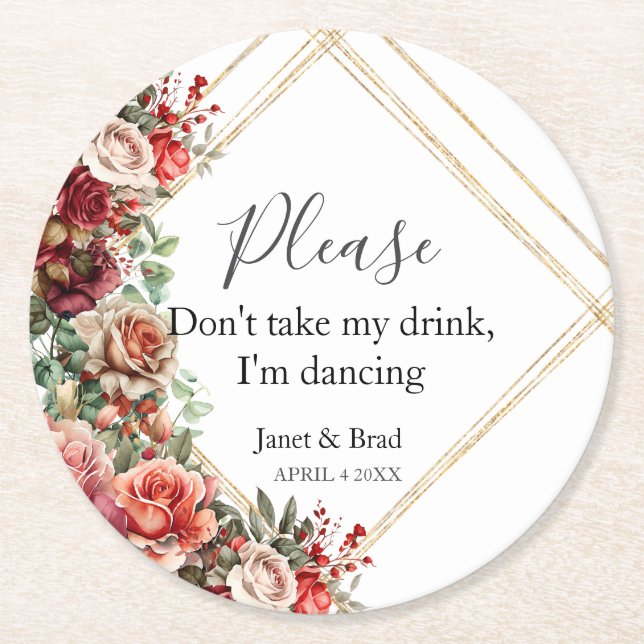 Rose Floral Eucalyptus Round Paper Coaster (Front)
