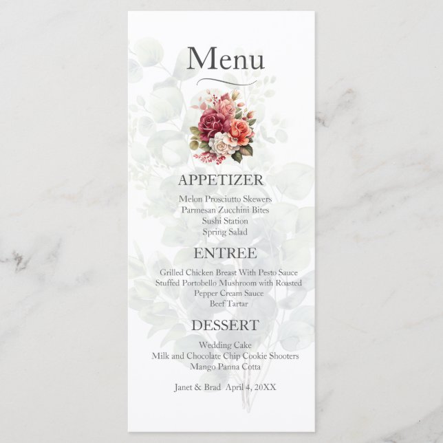 Rose Floral Eucalyptus Wedding Menu (Front)