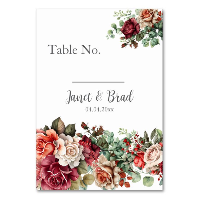 Rose Floral Eucalyptus Wedding Table Number (Front)