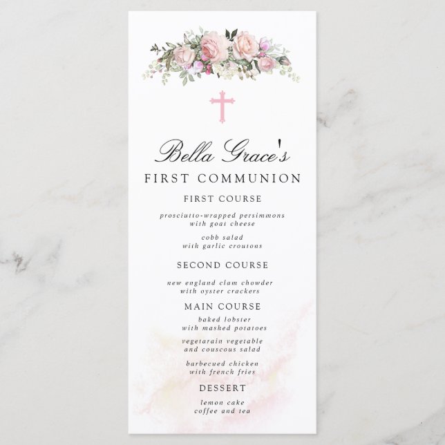 Rose Floral First Communion  Menu (Front)