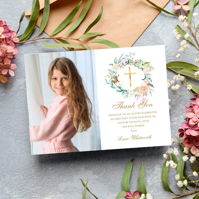 Rose Floral Garland First Holy Communion Photo Thank You Card (Creator Uploaded)